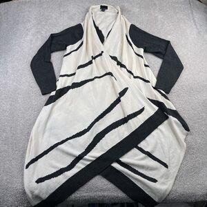Cynthia Rowley Sweater Womens Large Cream Black Wrap‎ Cardigan Merino Wool Blend
